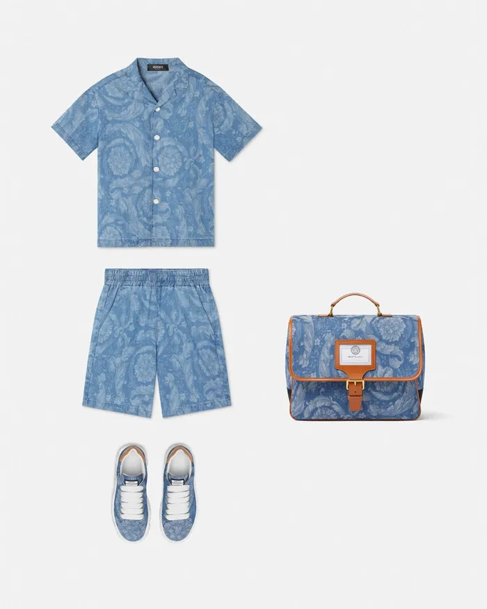 Denim Kids Versace Barocco Chambray Shorts Light Blue