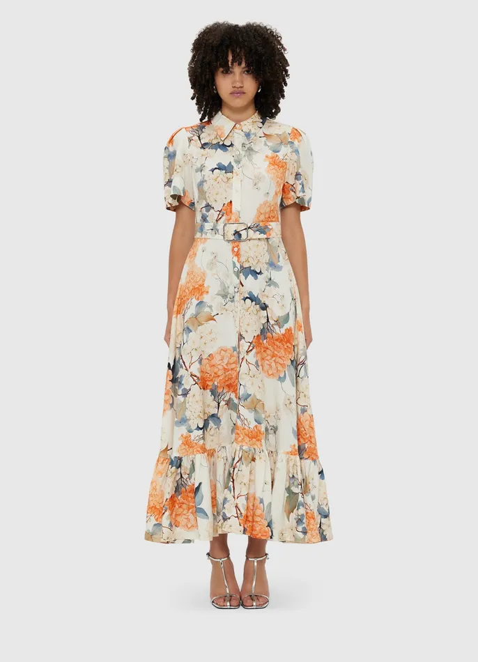Dresses and Jumpsuits LEO LIN Women Bianca Short Sleeve Midi Dress 8211 Hydrangea Print in Vanilla