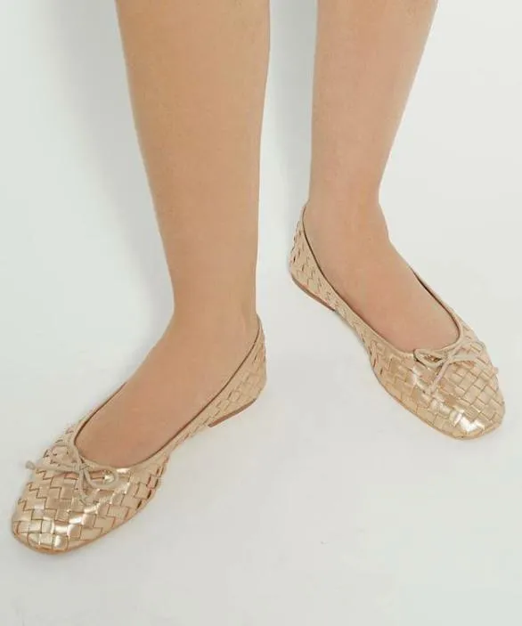 Dune London Ballet Pumps Women Heat Gold Woven Leather Bow Detail Ballet Pumps Metallic