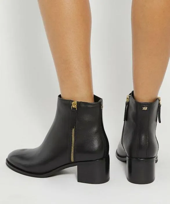 Dune London Black Boots Women Pertlie Black Leather Stacked Heel Ankle Boots Black