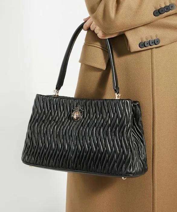Dune London Black Handbags Women Darla Black Leather Quilted Dune Bug Embellished Shoulder Bag Black