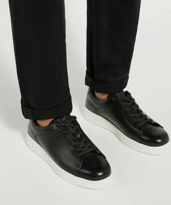 Dune London Black Shoes Men Theons Black Leather Cup Sole Trainers Black