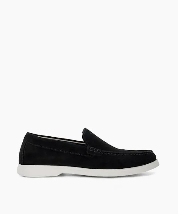 Dune London Boat Shoes Men Buftonn Black Topstitch Casual Loafers Black Suede