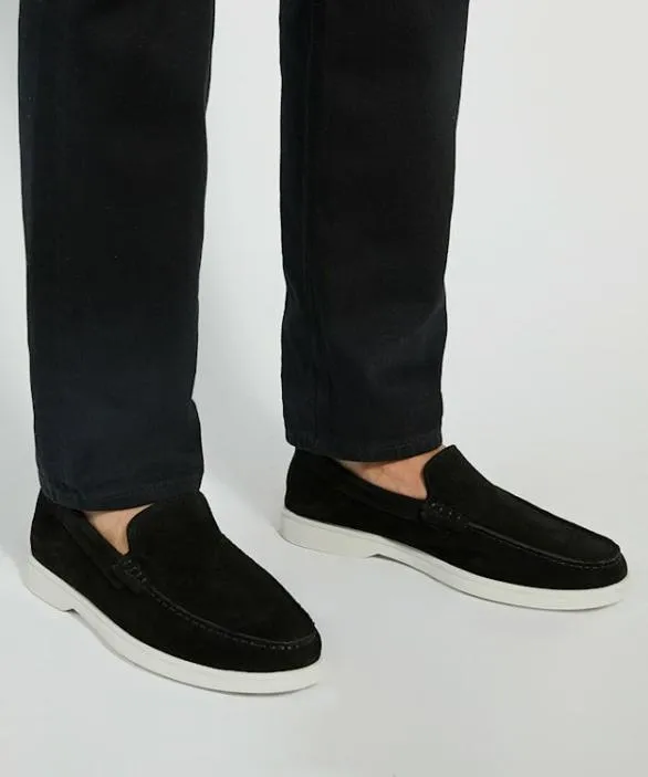 Dune London Boat Shoes Men Buftonn Black Topstitch Casual Loafers Black Suede