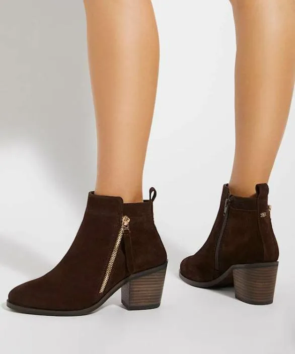 Dune London Brown Boots Women Paicing Brown Block Heel Side Zip Boots Brown