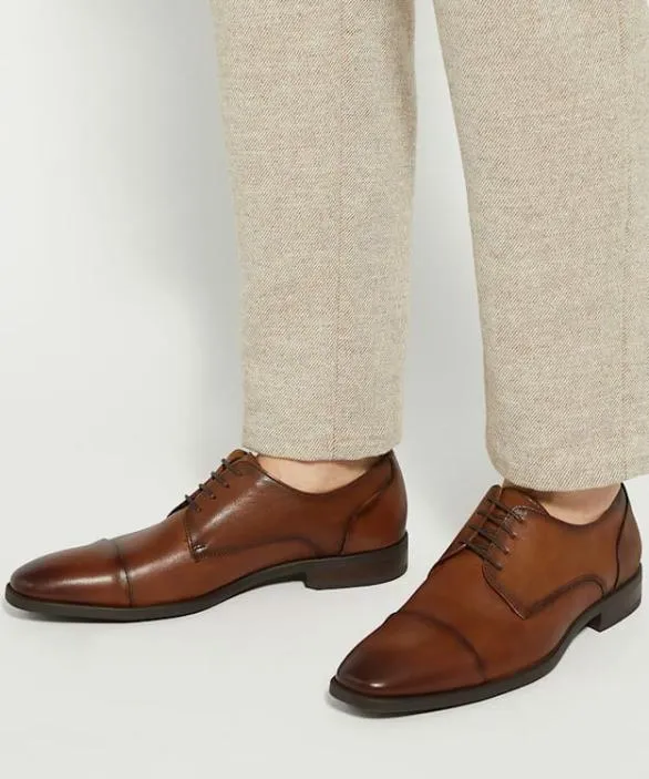 Dune London Brown Shoes Men Suffix Dark Tan Leather Toe Cap Lace Up Derby Brown