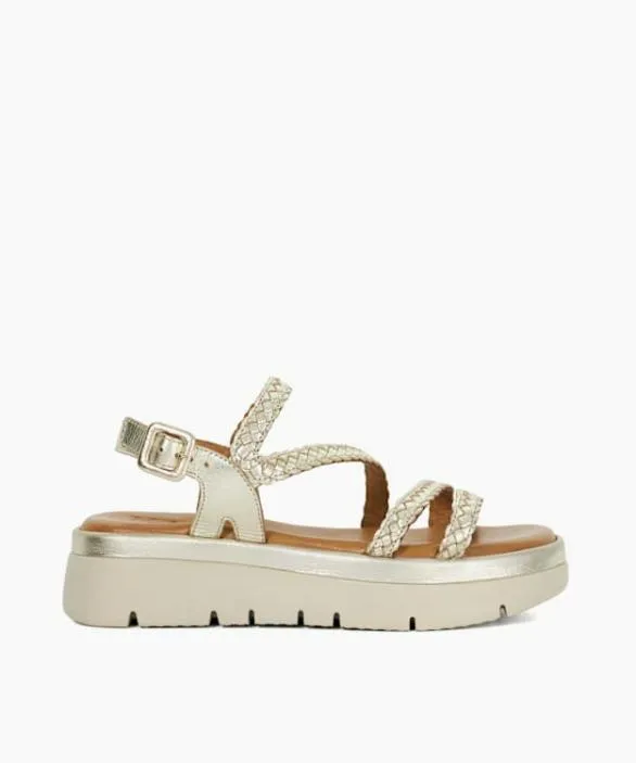 Dune London Chunky Sandals Women Lexture Gold Woven Leather Asymmetric Strap Flatform Sandals Metallic