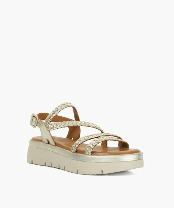 Dune London Chunky Sandals Women Lexture Gold Woven Leather Asymmetric Strap Flatform Sandals Metallic