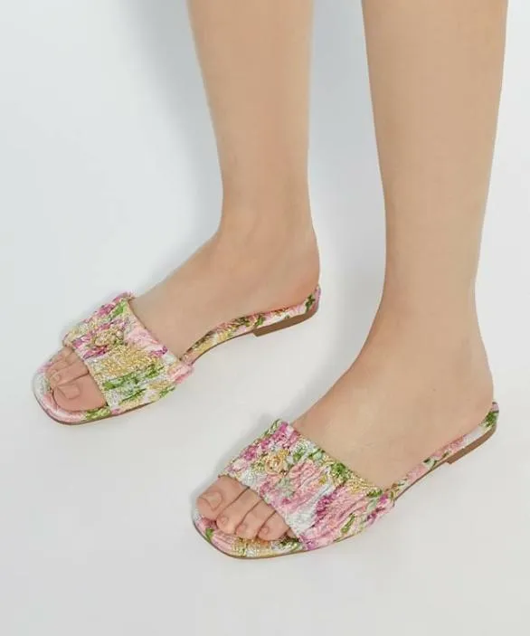 Dune London Flat Sandals Women Nautical Pink Ruched Jacquard Sandals Pink Fabric
