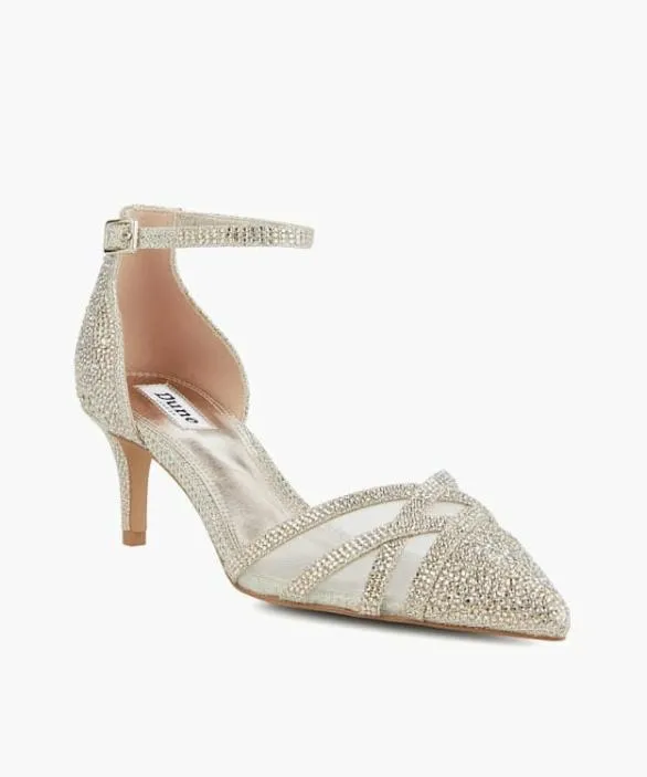 Dune London Heels Women Composed Gold Embellished Ankle Strap Open Courts Metallic
