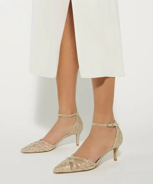 Dune London Heels Women Composed Gold Embellished Ankle Strap Open Courts Metallic