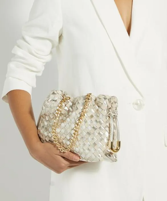 Dune London Leather Bags Women Primrose S Gold Small Drawstring Woven Leather Bag Metallic