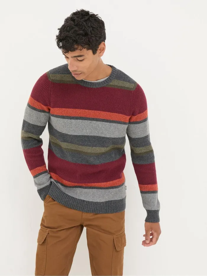 Fat Face Knitwear Hinton Charcoal Grey Block Stripe Crew Neck Jumper 8211 Men