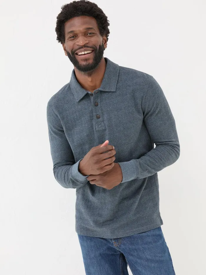 Fat Face Polo Shirts Navy Herringbone Long Sleeve Polo Shirt 8211 Men