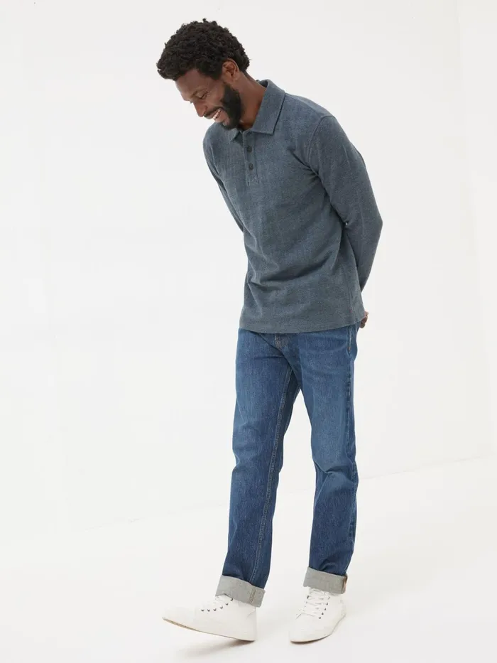 Fat Face Polo Shirts Navy Herringbone Long Sleeve Polo Shirt 8211 Men