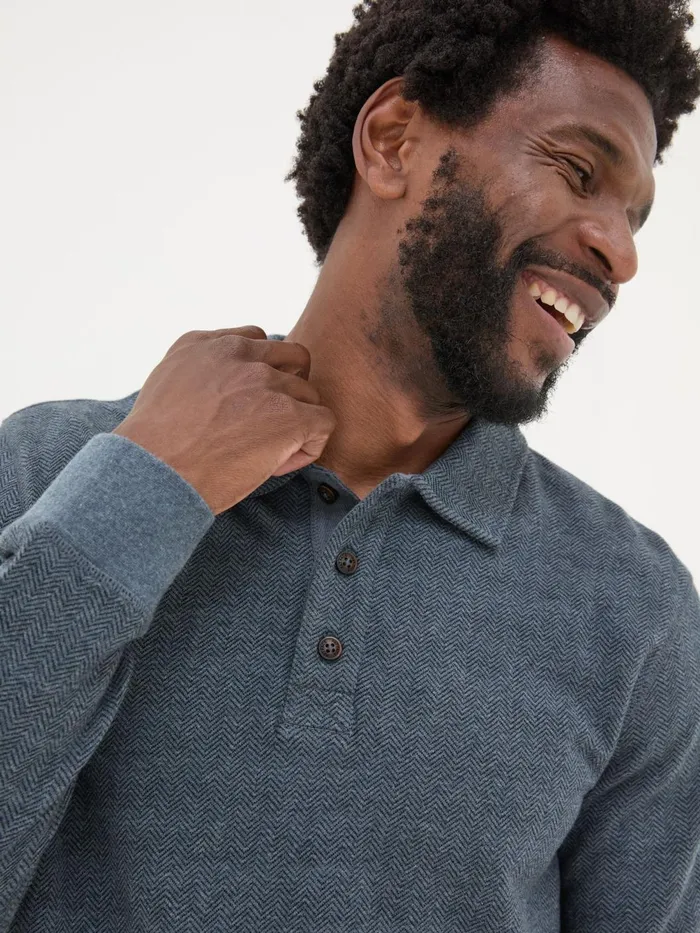 Fat Face Polo Shirts Navy Herringbone Long Sleeve Polo Shirt 8211 Men