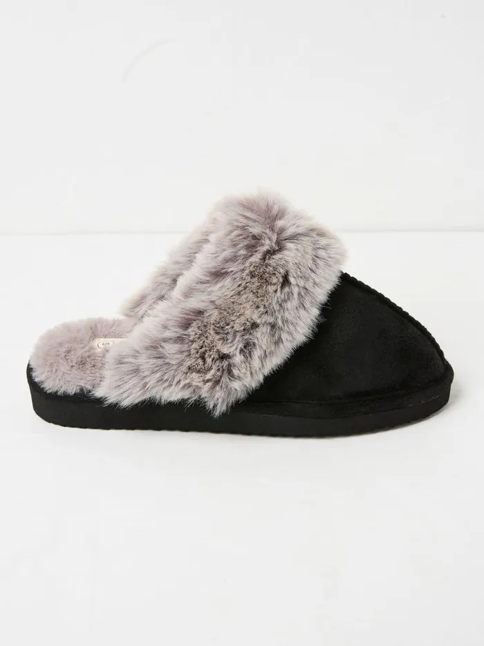 Fat Face Pyjamas and Nightwear Kaia Black Faux Fur Cuff Mules 8211 Women
