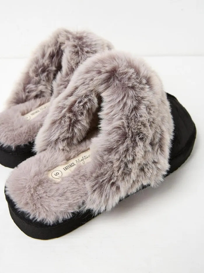 Fat Face Pyjamas and Nightwear Kaia Black Faux Fur Cuff Mules 8211 Women