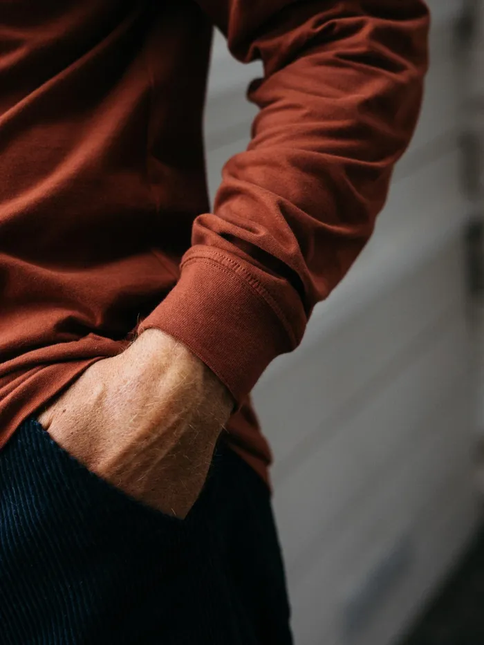 Finisterre TShirts Men Harlyn Logo Long Sleeve TShirt Dark Rosewood