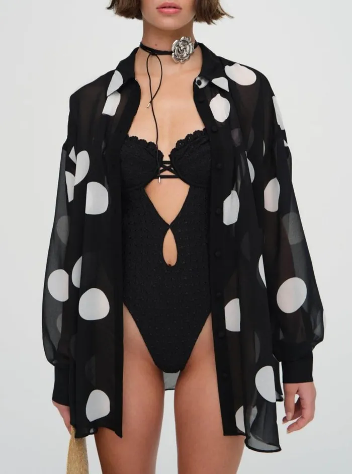 For Love and Lemons Swim Justina Sheer Coverup Shirt Black 8211 Women