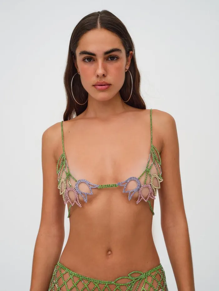 For Love and Lemons Tops Tulip Grid Rhinestone Bralette Green 8211 Women