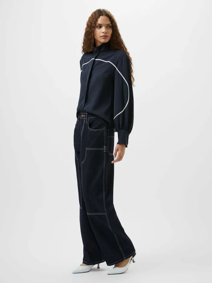French Connection Arezzo Contrast Piping Long Sleeved Shirt Navysummer White Women Tops