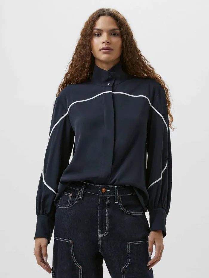 French Connection Arezzo Contrast Piping Long Sleeved Shirt Navysummer White Women Tops