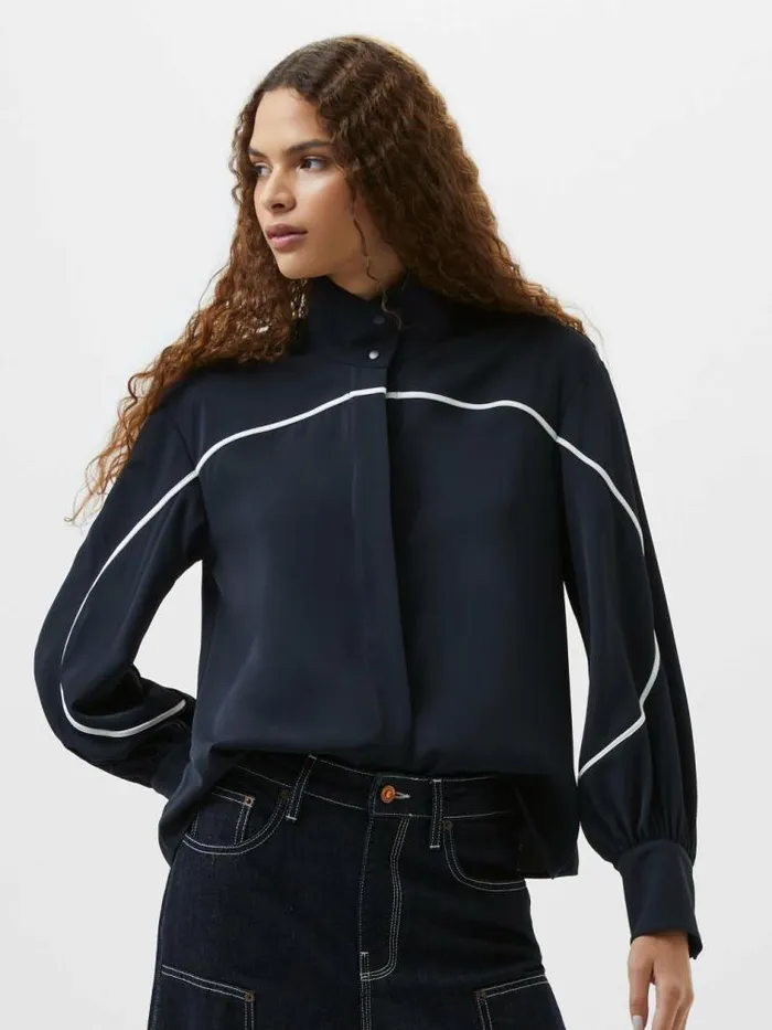 French Connection Arezzo Contrast Piping Long Sleeved Shirt Navysummer White Women Tops