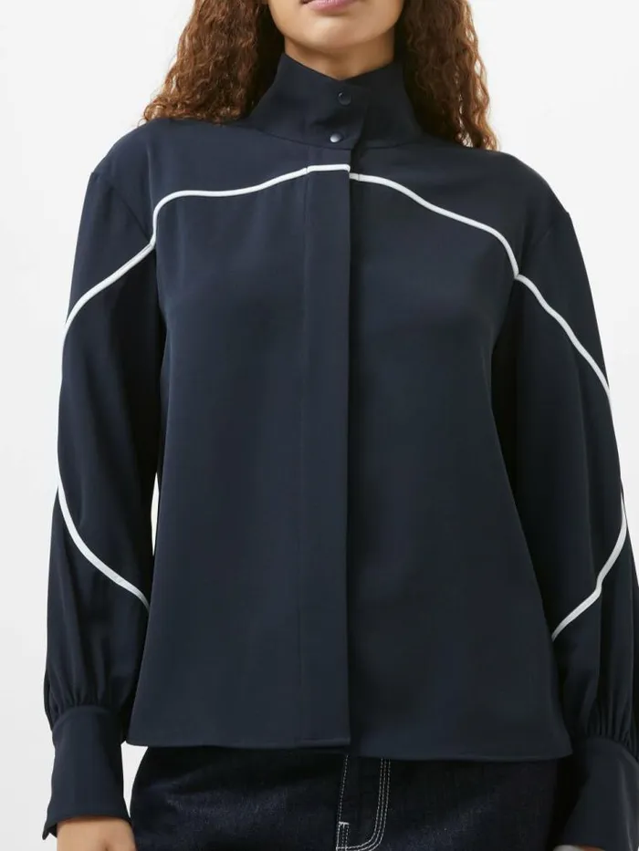 French Connection Arezzo Contrast Piping Long Sleeved Shirt Navysummer White Women Tops