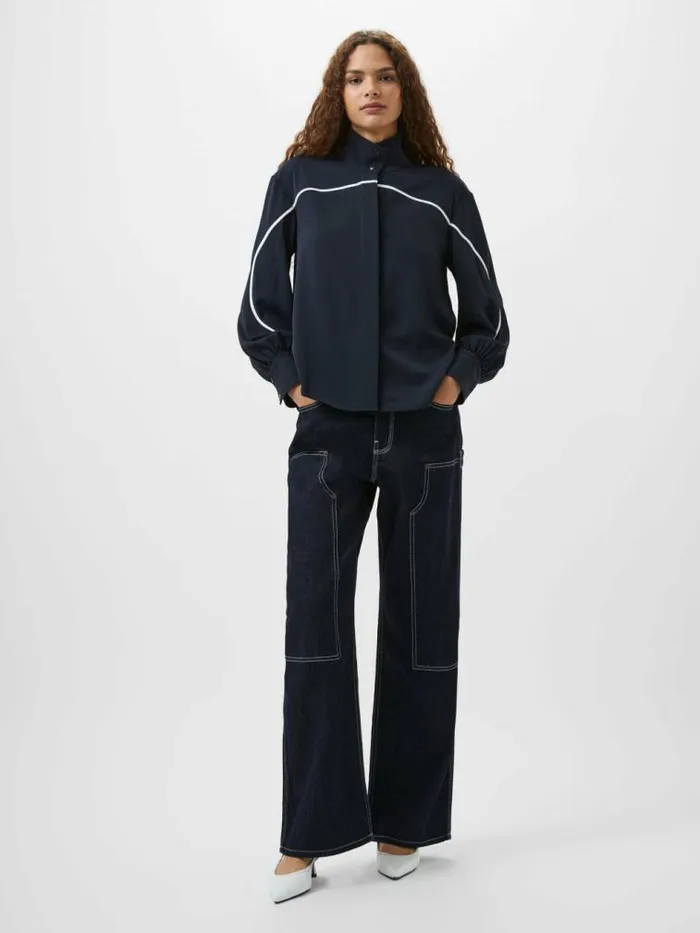 French Connection Arezzo Contrast Piping Long Sleeved Shirt Navysummer White Women Tops