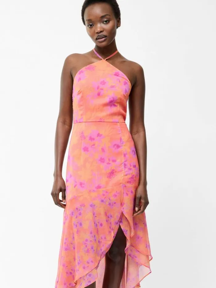 French Connection Arla Ruffle Halterneck Dress Coral Multi Women Dresses