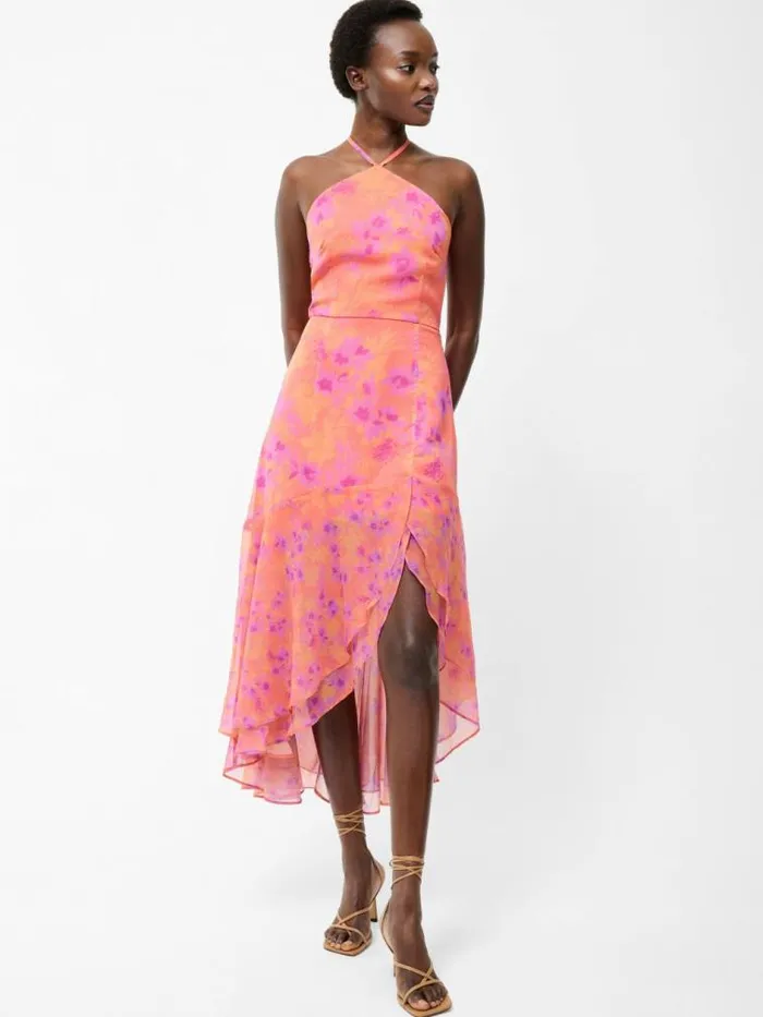 French Connection Arla Ruffle Halterneck Dress Coral Multi Women Dresses