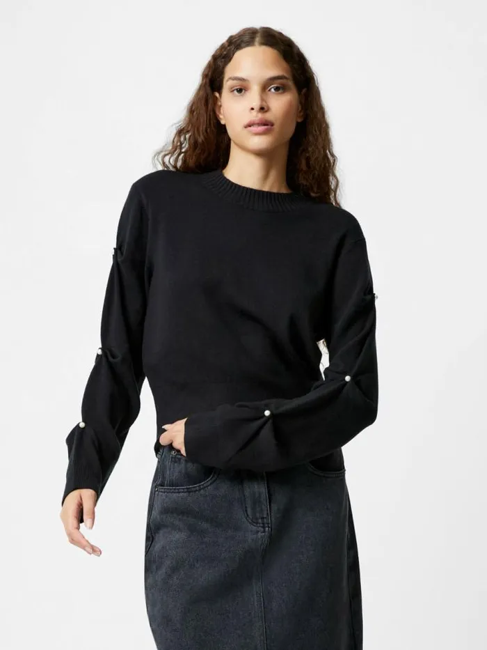 French Connection Babysoft Faux Pearl Sleeve Crew Neck Jumper Blackout Women Jumpers and Cardigans