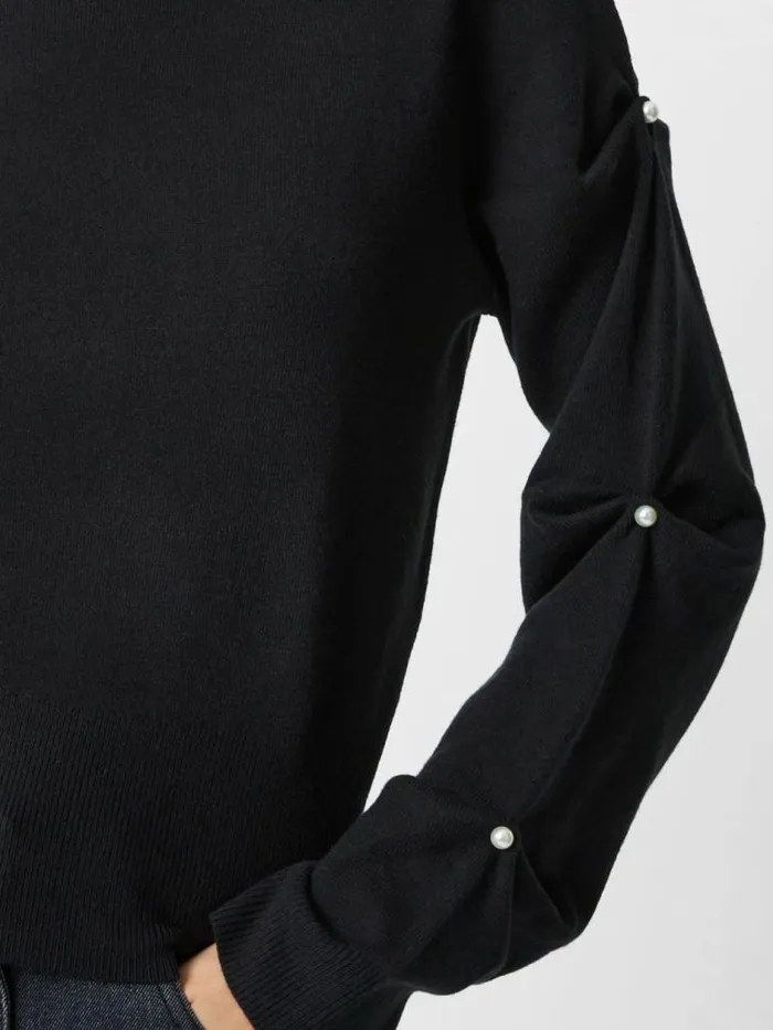 French Connection Babysoft Faux Pearl Sleeve Crew Neck Jumper Blackout Women Jumpers and Cardigans
