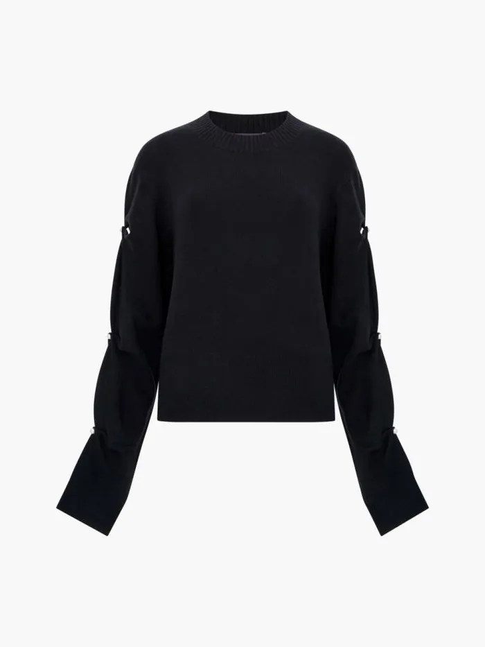 French Connection Babysoft Faux Pearl Sleeve Crew Neck Jumper Blackout Women Jumpers and Cardigans