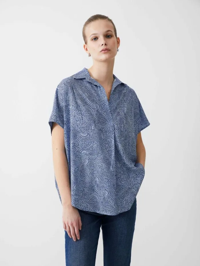 French Connection Bernice Crepe Light Popover Placidbluedknvywht Women Tops