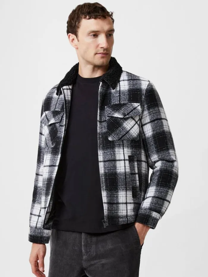 French Connection Borg Collar Checked Jacket Black White Men Coats and Jackets