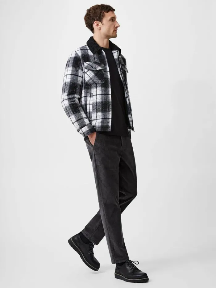 French Connection Borg Collar Checked Jacket Black White Men Coats and Jackets