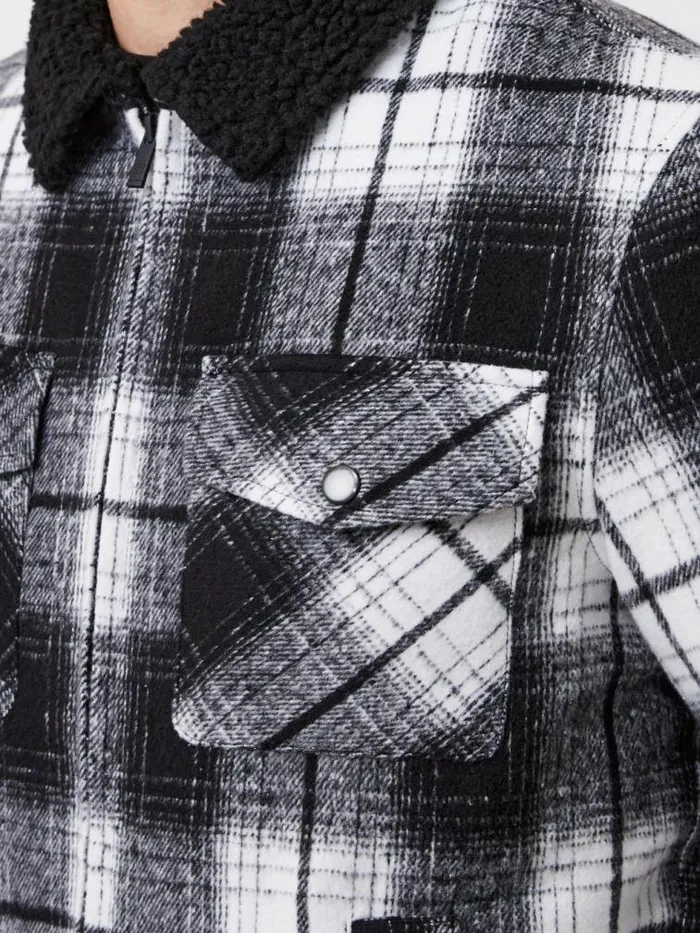 French Connection Borg Collar Checked Jacket Black White Men Coats and Jackets