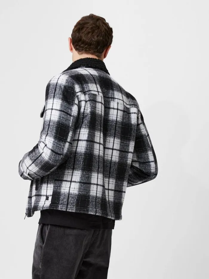 French Connection Borg Collar Checked Jacket Black White Men Coats and Jackets