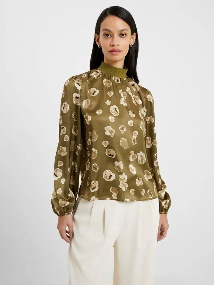 French Connection Bronwen Aleeya Satin Top Nutria Women Tops