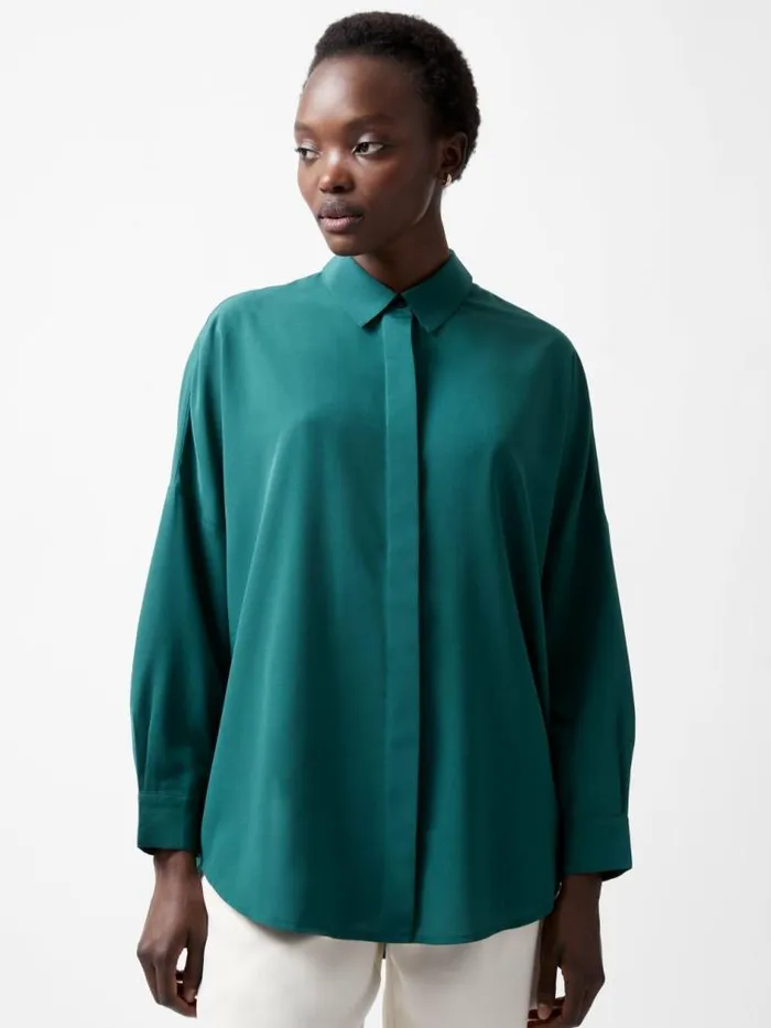 French Connection Caprina Recycled Crepe Long Sleeve Button Shirt Forest Women Tops