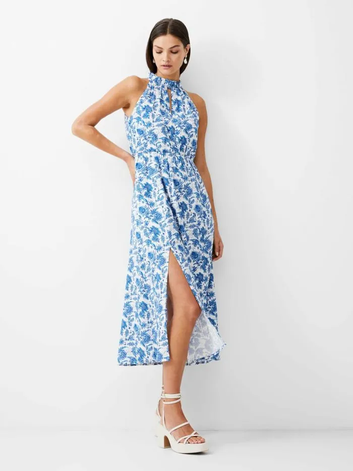 French Connection Cosette Halterneck Keyhole Midi Dress Whitebaja Blue Women Dresses French Connection Cosette Halterneck Keyhole Midi Dress Whitebaja Blue Women Dresses