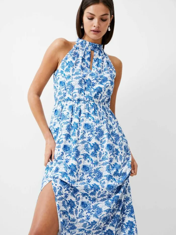 French Connection Cosette Halterneck Keyhole Midi Dress Whitebaja Blue Women Dresses