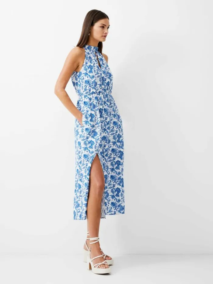 French Connection Cosette Halterneck Keyhole Midi Dress Whitebaja Blue Women Dresses