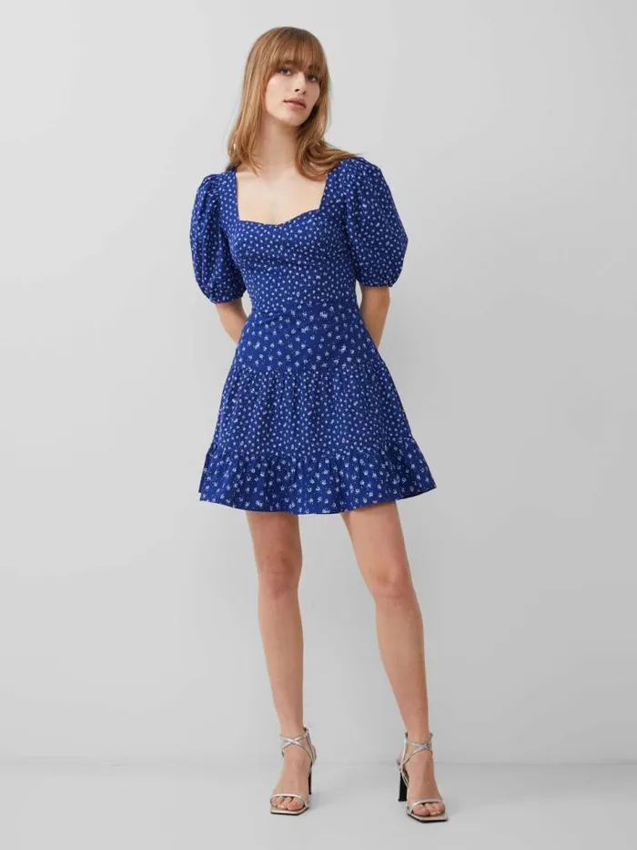 French Connection Cotton Printed Sweetheart Mini Dress Cobalt Women Dresses