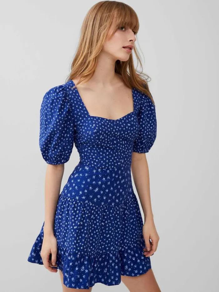 French Connection Cotton Printed Sweetheart Mini Dress Cobalt Women Dresses