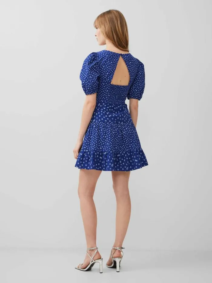 French Connection Cotton Printed Sweetheart Mini Dress Cobalt Women Dresses