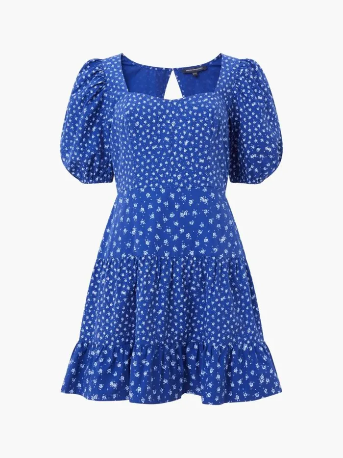 French Connection Cotton Printed Sweetheart Mini Dress Cobalt Women Dresses