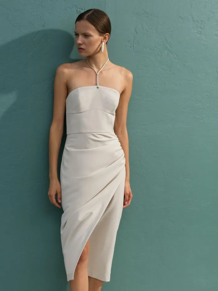 French Connection Echo Crepe Halterneck Midi Dress Silver Lining Women Dresses